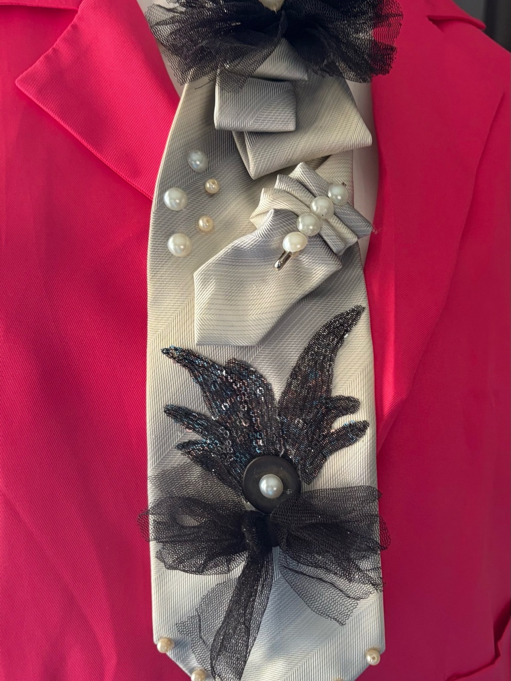 Embellished Silk-Look Necktie with Pearl & Tulle Accents - Pink